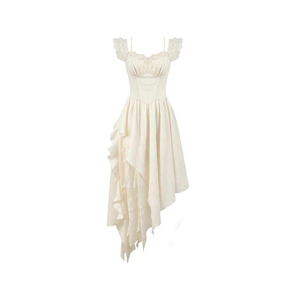Dark in Love - Vintage Gothic Textured Lace Irregular Strap Short dress - Off white